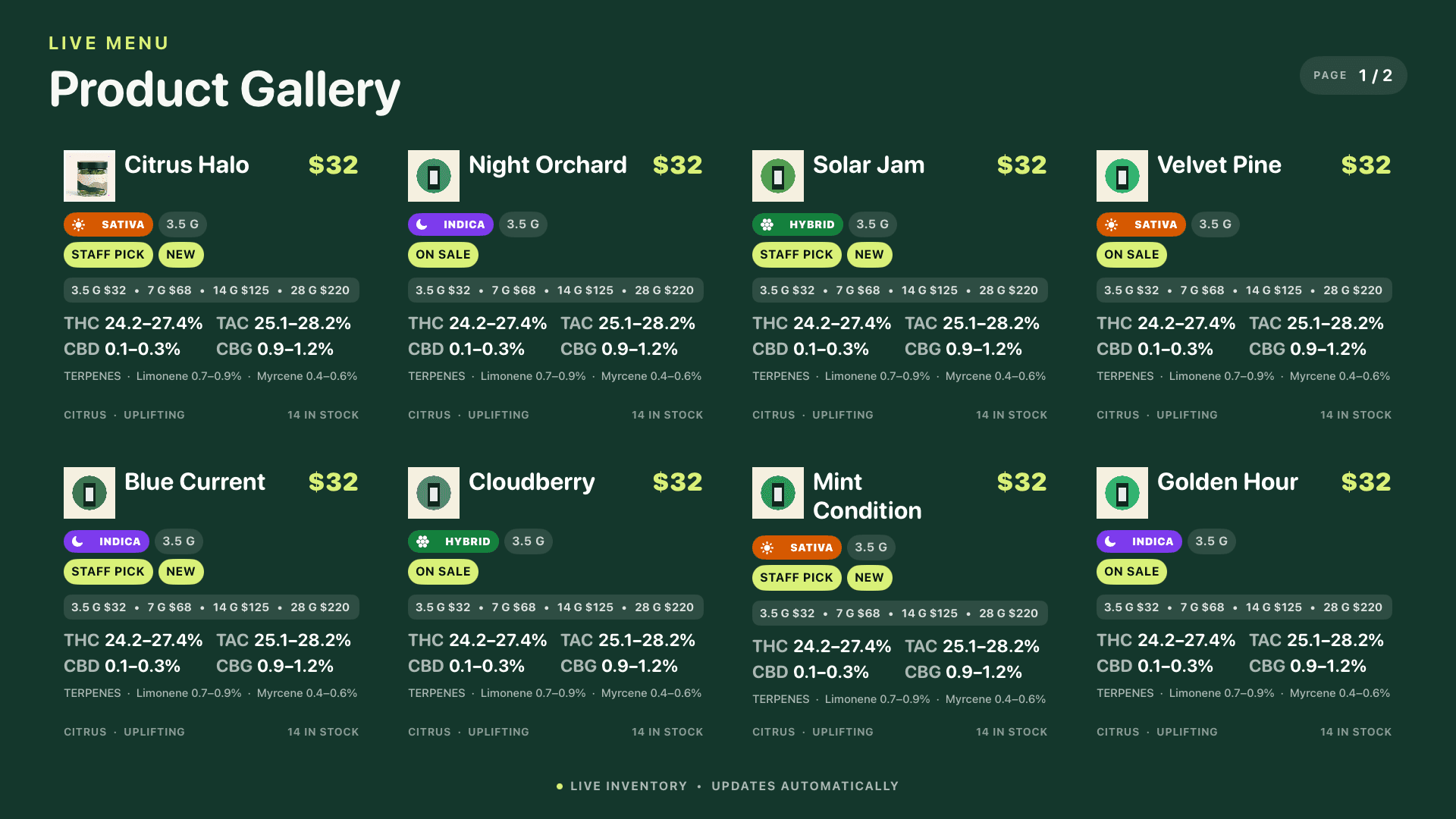 Dispensary product gallery menu showing eight flower products with category, size, potency, terpene, price, and availability details