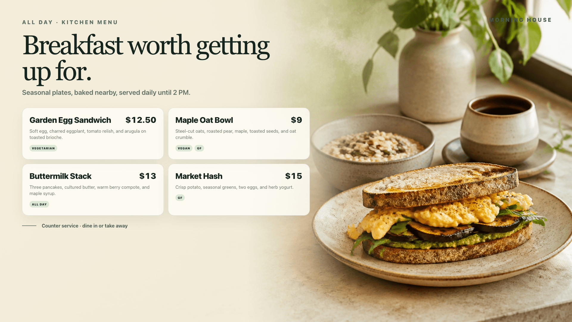 Restaurant menu board showing breakfast items, prices, and a plated sandwich